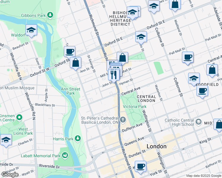 map of restaurants, bars, coffee shops, grocery stores, and more near 201 John Street in London