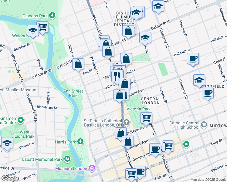 map of restaurants, bars, coffee shops, grocery stores, and more near 201 John Street in London