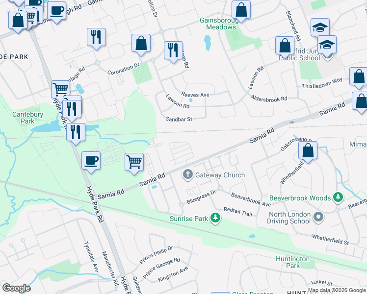 map of restaurants, bars, coffee shops, grocery stores, and more near in London