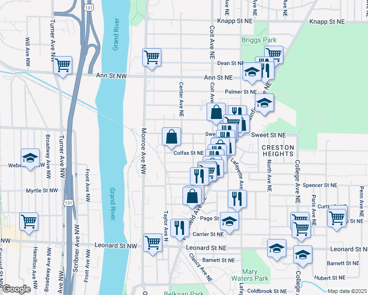 map of restaurants, bars, coffee shops, grocery stores, and more near 1571 Queen Avenue Northeast in Grand Rapids