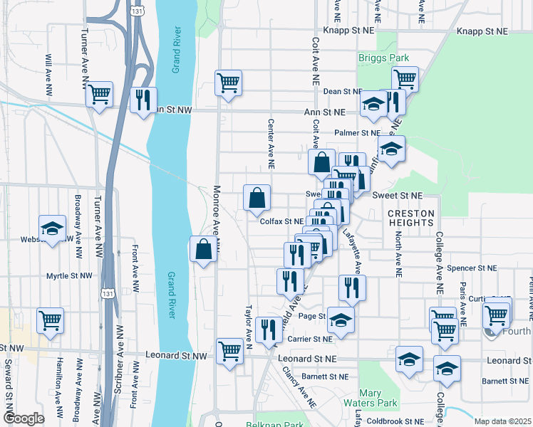 map of restaurants, bars, coffee shops, grocery stores, and more near 22 Sweet Street Northwest in Grand Rapids