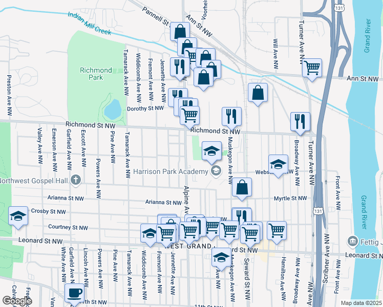 map of restaurants, bars, coffee shops, grocery stores, and more near 1522 Alpine Avenue Northwest in Grand Rapids