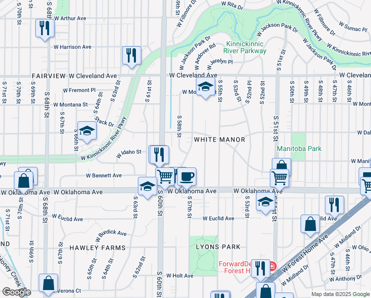 map of restaurants, bars, coffee shops, grocery stores, and more near 2923 South 57th Street in Milwaukee