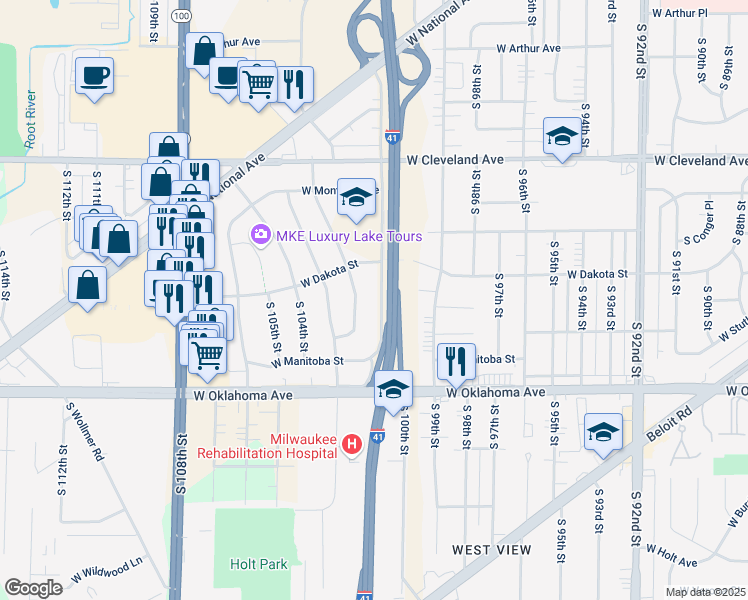 map of restaurants, bars, coffee shops, grocery stores, and more near 2922 South 102nd Street in West Allis