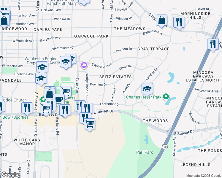 map of restaurants, bars, coffee shops, grocery stores, and more near 1200 Ayrshire Lane in Waukesha