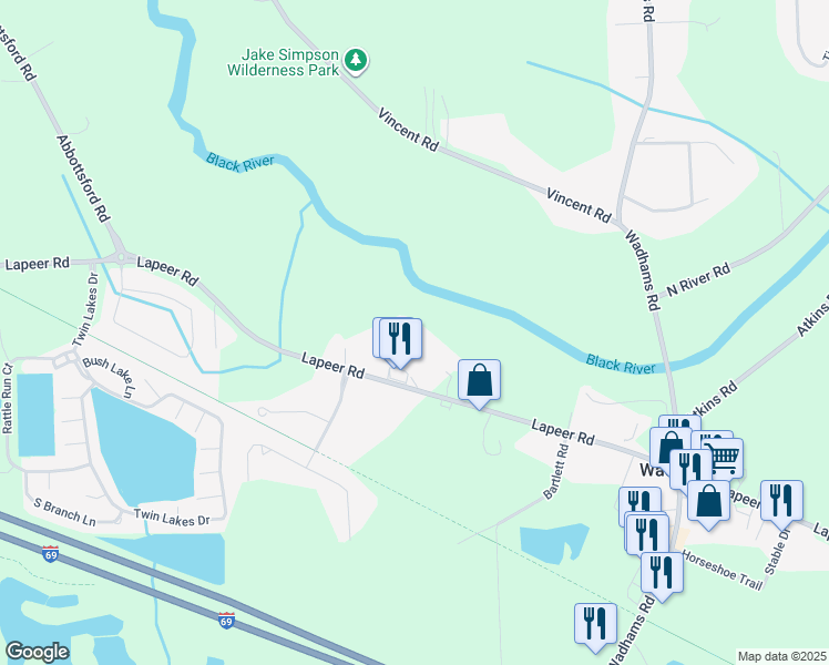map of restaurants, bars, coffee shops, grocery stores, and more near 5614 Lapeer Road in Smiths Creek