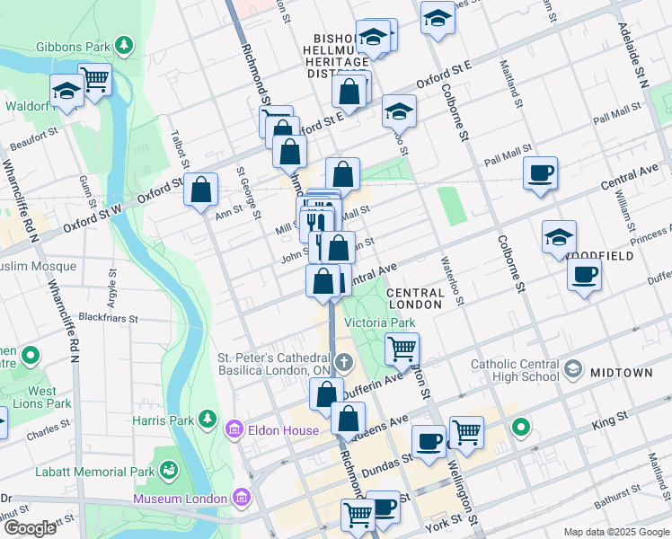 map of restaurants, bars, coffee shops, grocery stores, and more near in London