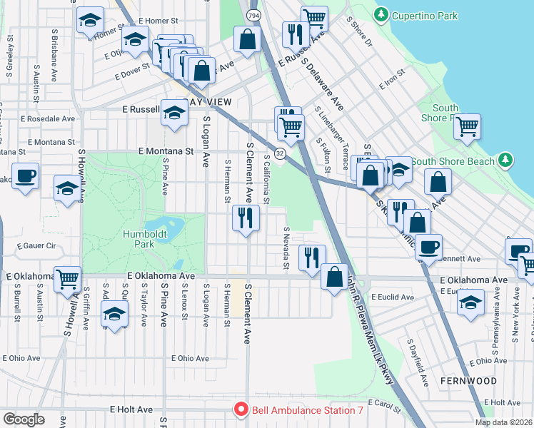 map of restaurants, bars, coffee shops, grocery stores, and more near S California St & E Idaho St in Milwaukee