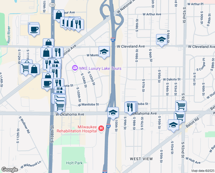 map of restaurants, bars, coffee shops, grocery stores, and more near 2922 South 102nd Street in West Allis