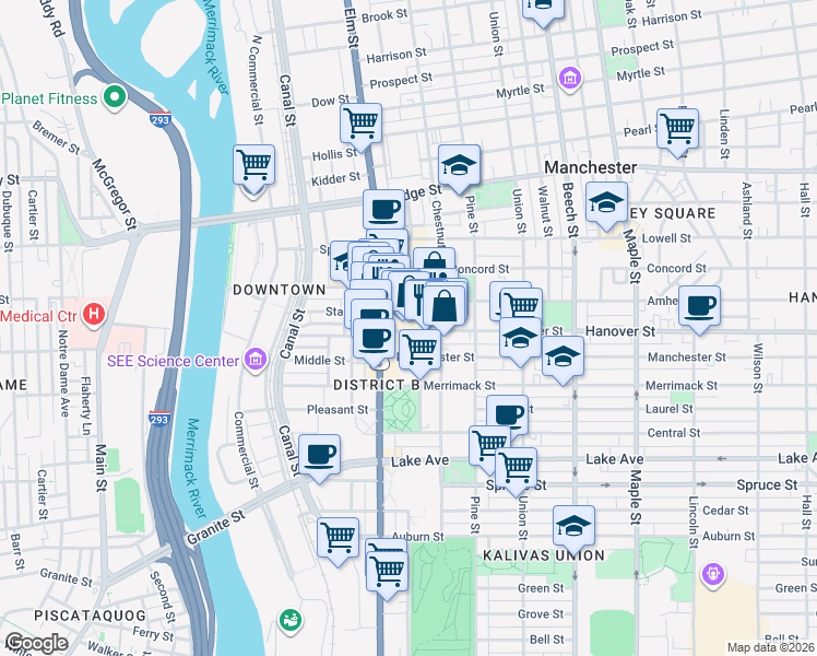 map of restaurants, bars, coffee shops, grocery stores, and more near 35 Amherst Street in Manchester