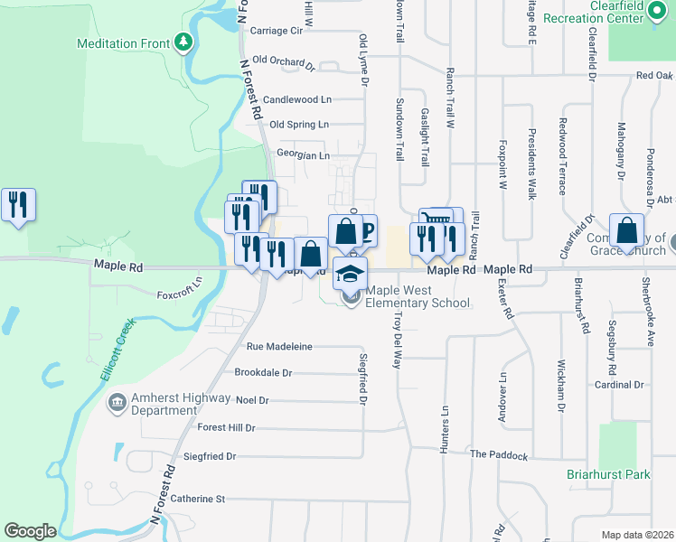 map of restaurants, bars, coffee shops, grocery stores, and more near Maple Road & The Tradewinds in Buffalo