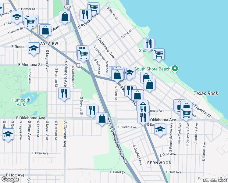 map of restaurants, bars, coffee shops, grocery stores, and more near 2834 South Linebarger Terrace in Milwaukee