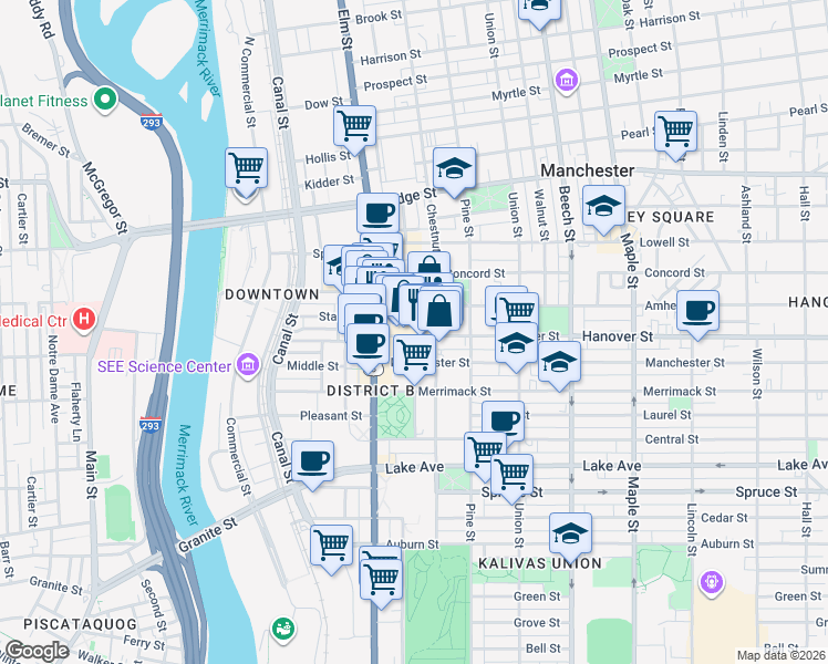 map of restaurants, bars, coffee shops, grocery stores, and more near 54 Hanover Street in Manchester
