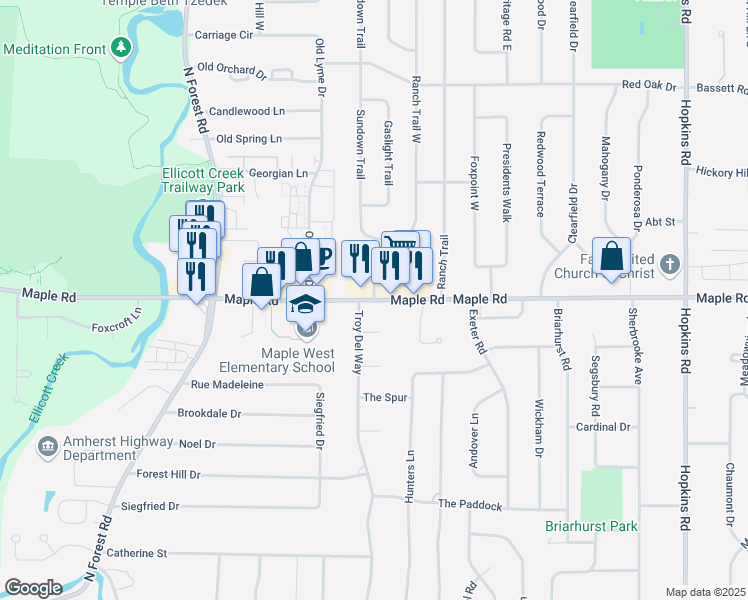 map of restaurants, bars, coffee shops, grocery stores, and more near Maple Road & Sundown Trail in Buffalo