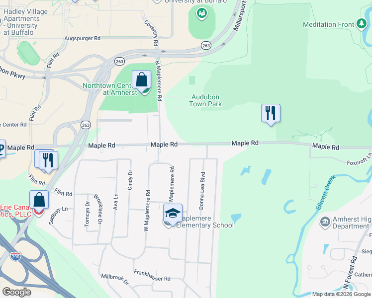map of restaurants, bars, coffee shops, grocery stores, and more near 255 Maple Road in Buffalo