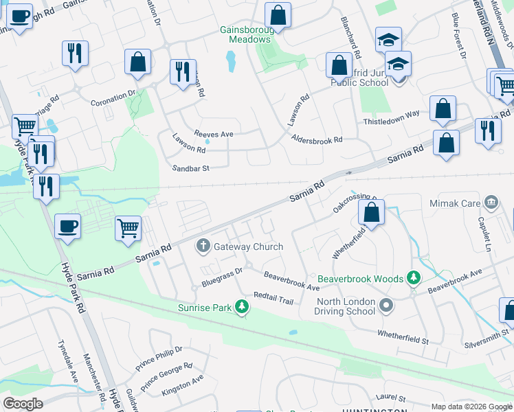 map of restaurants, bars, coffee shops, grocery stores, and more near 823 Sarnia Road in London