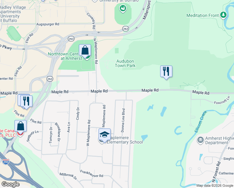map of restaurants, bars, coffee shops, grocery stores, and more near 255 Maple Road in Buffalo