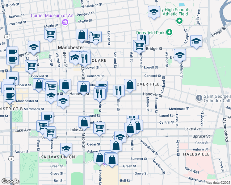 map of restaurants, bars, coffee shops, grocery stores, and more near 3 Ashland Street in Manchester