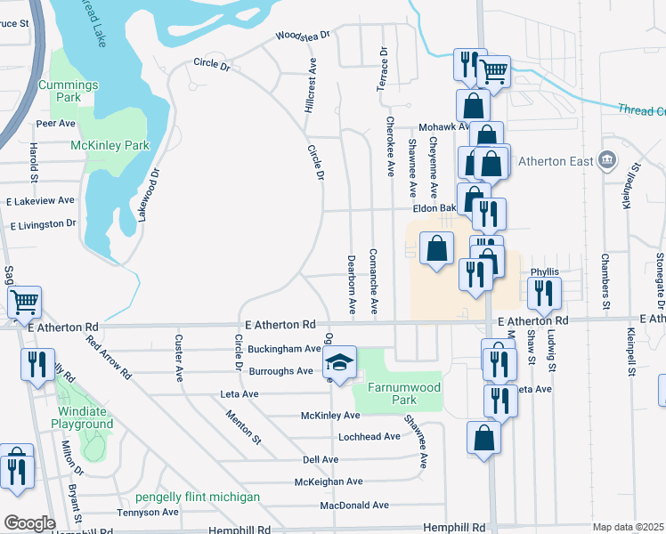 map of restaurants, bars, coffee shops, grocery stores, and more near 713 Algonquin Avenue in Flint