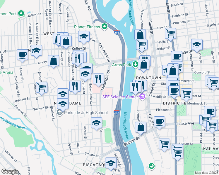map of restaurants, bars, coffee shops, grocery stores, and more near 87 Foundry Street in Manchester