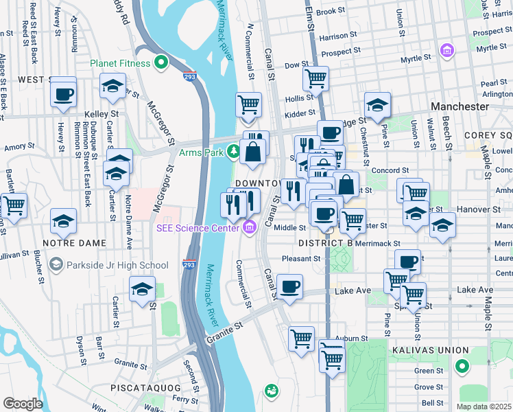 map of restaurants, bars, coffee shops, grocery stores, and more near 300 Bedford Street in Manchester