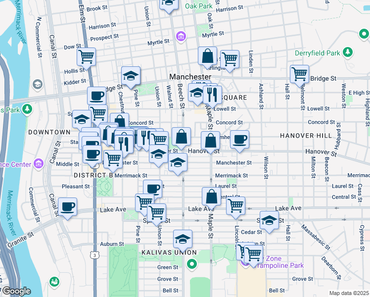 map of restaurants, bars, coffee shops, grocery stores, and more near 288 Hanover Street in Manchester