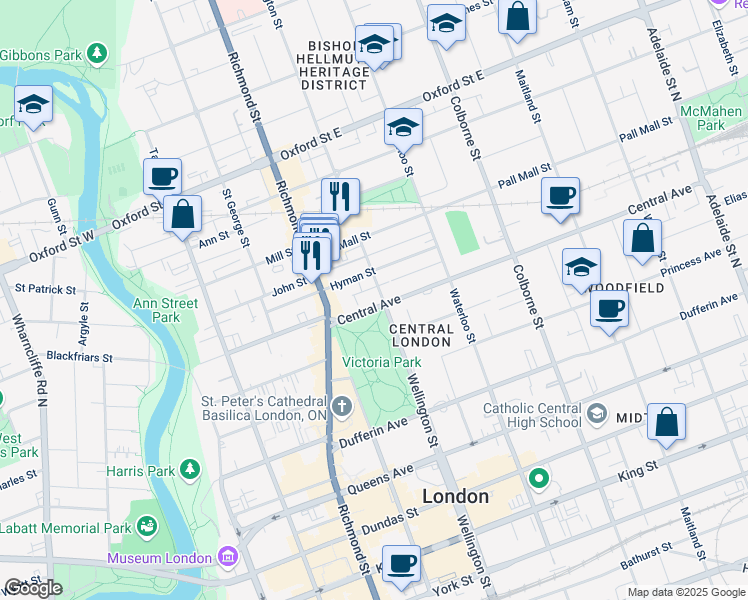 map of restaurants, bars, coffee shops, grocery stores, and more near 268 Central Avenue in London