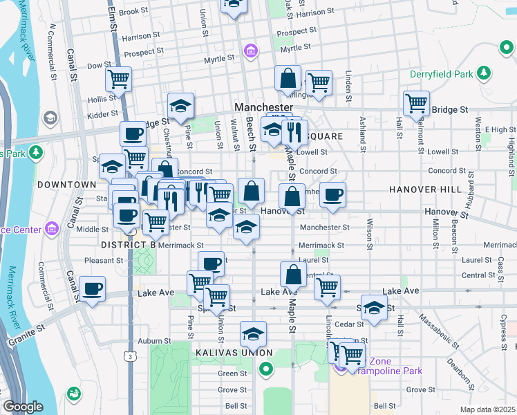 map of restaurants, bars, coffee shops, grocery stores, and more near 288 Hanover Street in Manchester