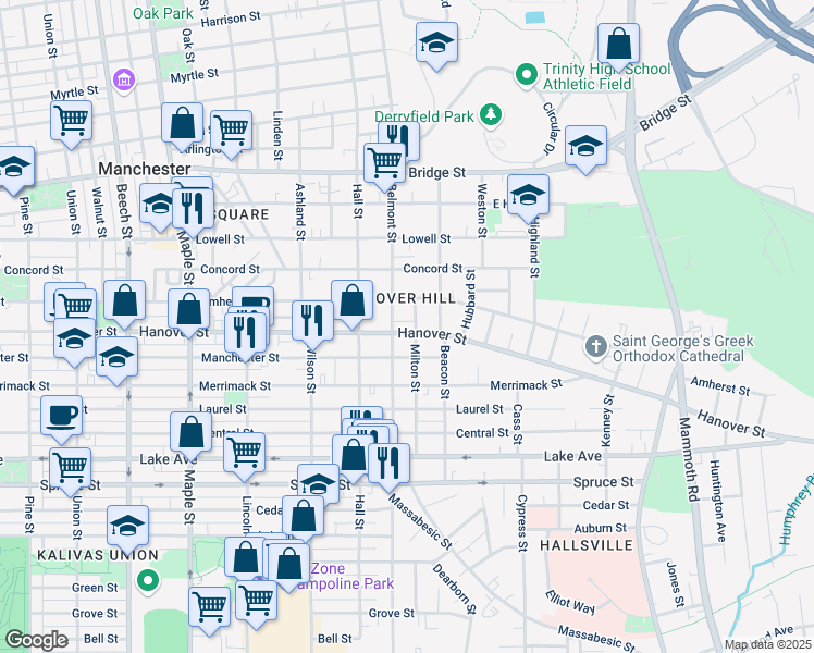 map of restaurants, bars, coffee shops, grocery stores, and more near 496 Hanover Street in Manchester