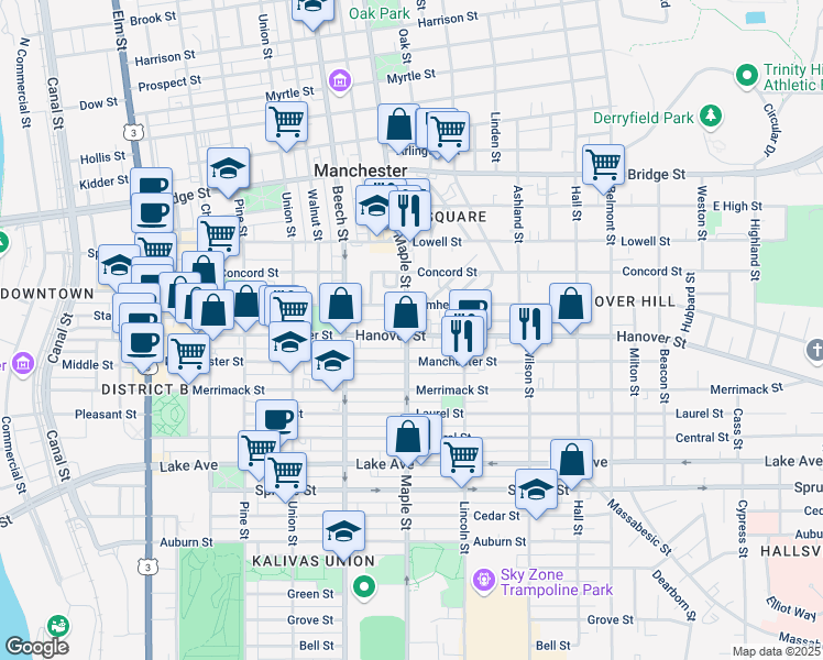 map of restaurants, bars, coffee shops, grocery stores, and more near 453 Maple Street in Manchester