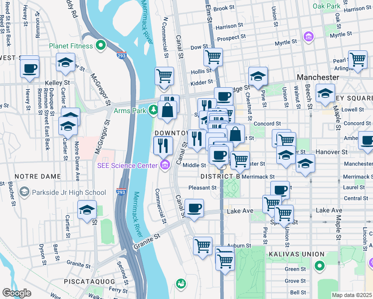 map of restaurants, bars, coffee shops, grocery stores, and more near 110 Stark Street in Manchester