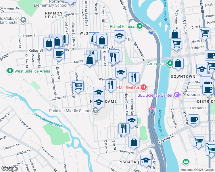 map of restaurants, bars, coffee shops, grocery stores, and more near 320 Dubuque Street in Manchester