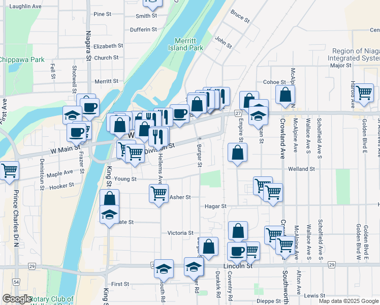 map of restaurants, bars, coffee shops, grocery stores, and more near in Welland