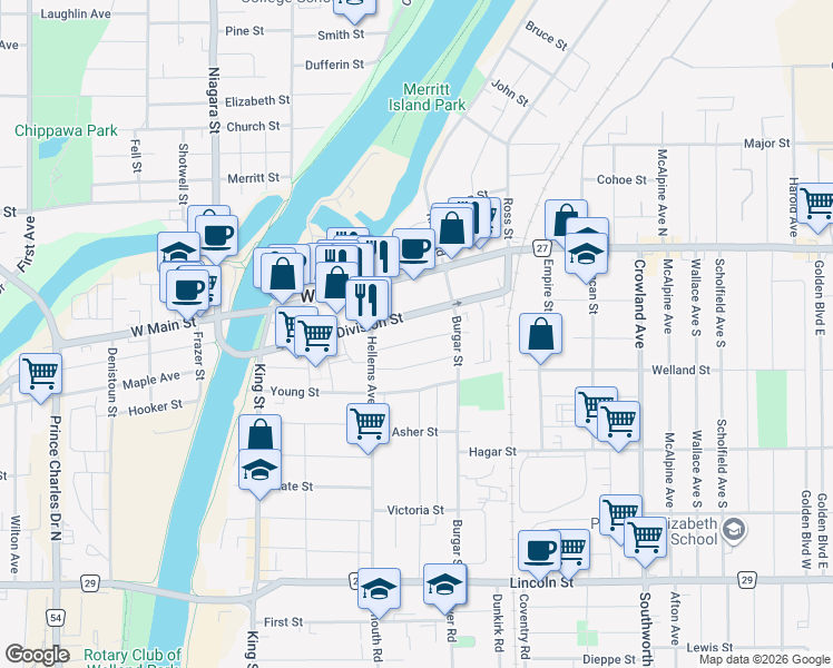 map of restaurants, bars, coffee shops, grocery stores, and more near in Welland