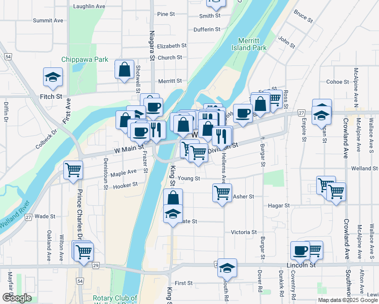 map of restaurants, bars, coffee shops, grocery stores, and more near 26 Division Street in Welland