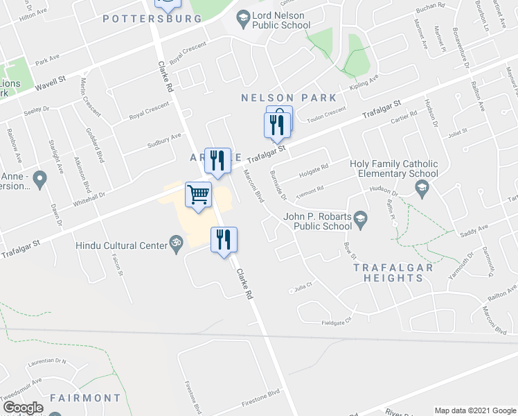 map of restaurants, bars, coffee shops, grocery stores, and more near 179 Marconi Boulevard in London