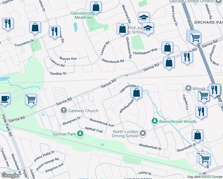 map of restaurants, bars, coffee shops, grocery stores, and more near 1050 Oakcrossing Gate in London