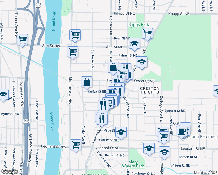 map of restaurants, bars, coffee shops, grocery stores, and more near 1571 Coit Avenue Northeast in Grand Rapids