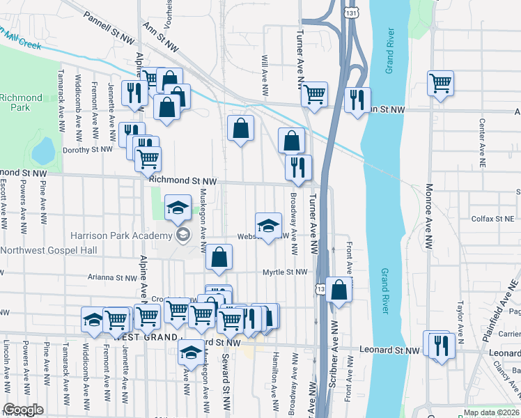 map of restaurants, bars, coffee shops, grocery stores, and more near 1553 Quarry Avenue Northwest in Grand Rapids