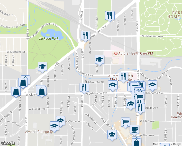 map of restaurants, bars, coffee shops, grocery stores, and more near 2925A South 34th Street in Milwaukee