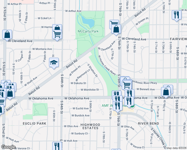 map of restaurants, bars, coffee shops, grocery stores, and more near 2915 South Stratton Drive in West Allis