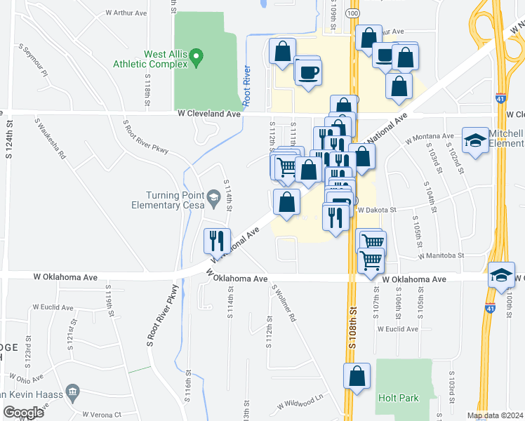 map of restaurants, bars, coffee shops, grocery stores, and more near 11202 West National Avenue in West Allis