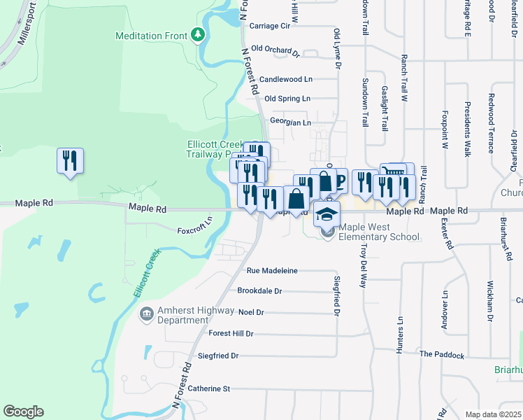 map of restaurants, bars, coffee shops, grocery stores, and more near Maple Rd & N Forest Rd in Buffalo