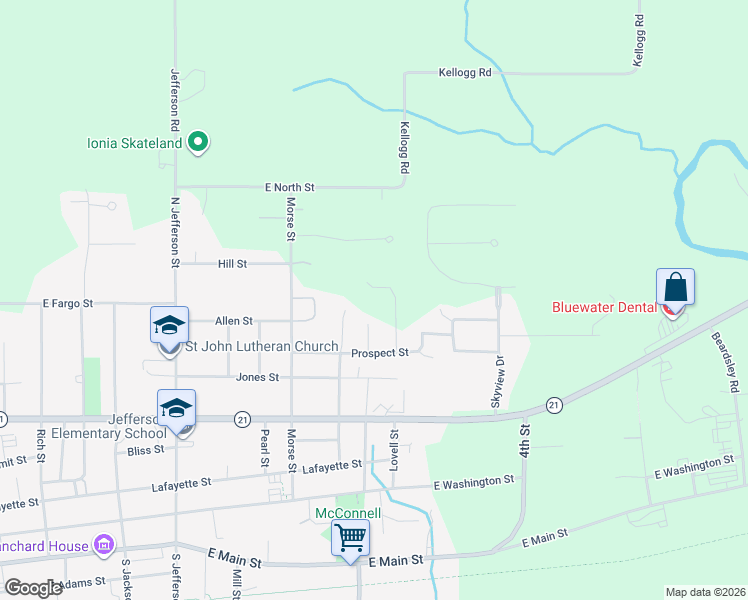 map of restaurants, bars, coffee shops, grocery stores, and more near 641 Crawford in Ionia