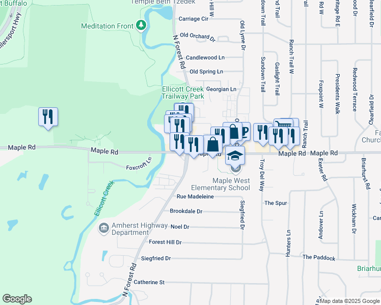 map of restaurants, bars, coffee shops, grocery stores, and more near 1325-1345 North Forest Road in Buffalo