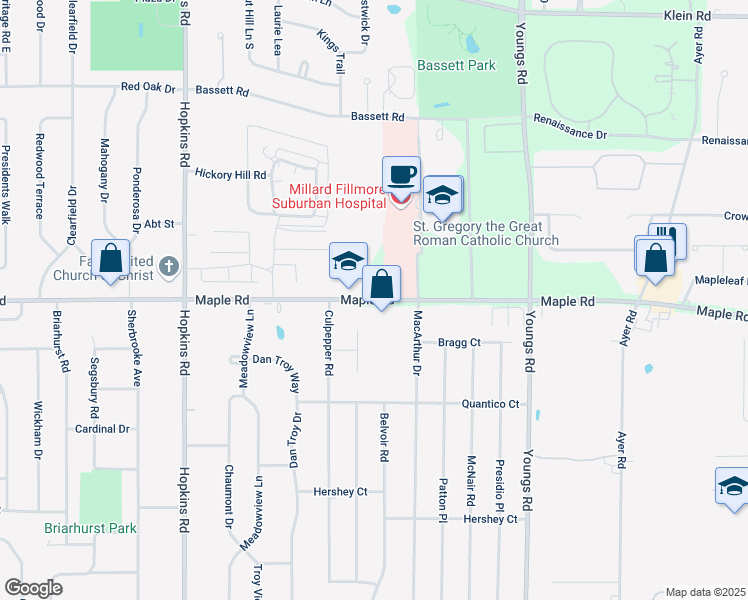 map of restaurants, bars, coffee shops, grocery stores, and more near 1500 Maple Road in Buffalo