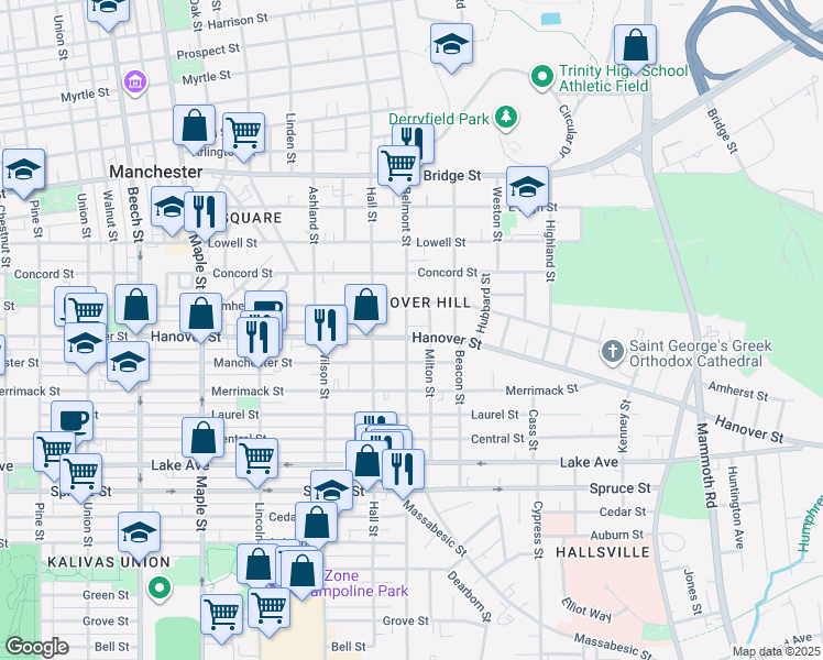 map of restaurants, bars, coffee shops, grocery stores, and more near 488 Hanover Street in Manchester