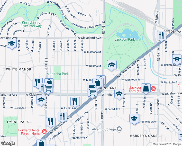 map of restaurants, bars, coffee shops, grocery stores, and more near 2923 South 45th Street in Milwaukee