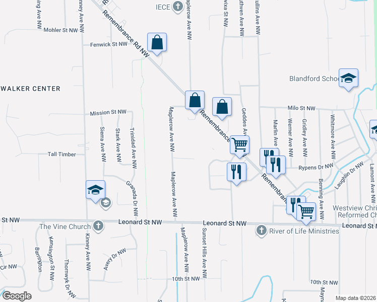 map of restaurants, bars, coffee shops, grocery stores, and more near 1336 Maplerow Avenue Northwest in Grand Rapids