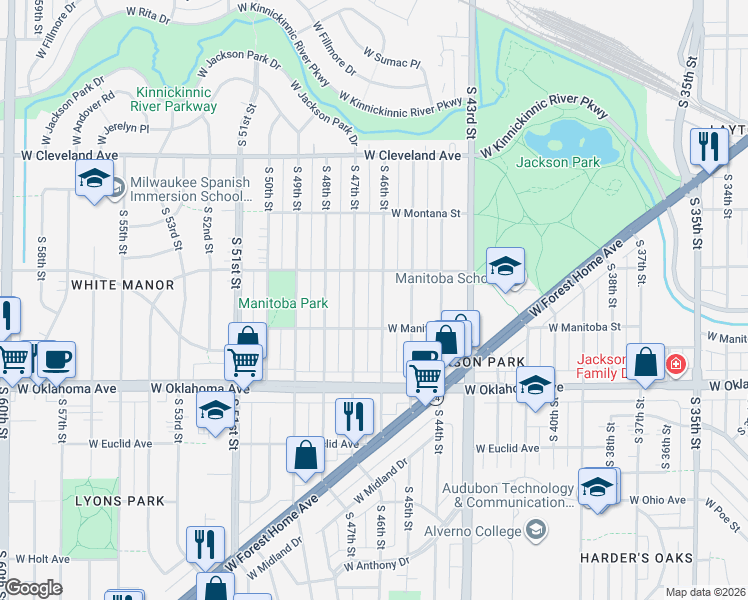 map of restaurants, bars, coffee shops, grocery stores, and more near 2923 South 46th Street in Milwaukee
